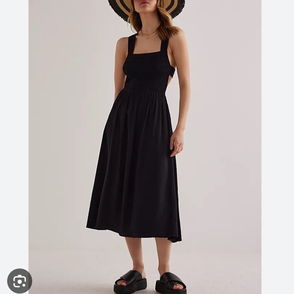 By Anthropologie Black Tie-Back Smocked Midi Dress Size Large